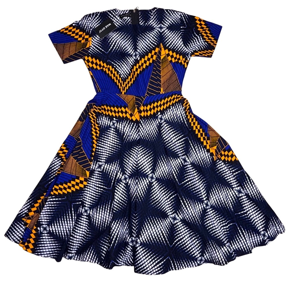 NWT Mae Otti Ankara African Wax Print Fit & Flare Dress Small S Navy Blue Yellow